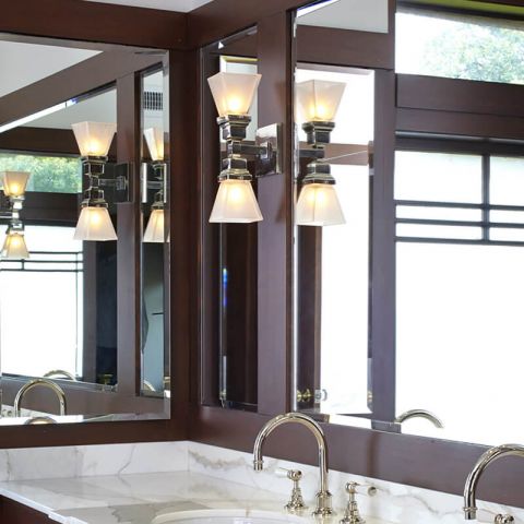 Humboldt Linear Sconce lights contemporary master bath vanity of a period Prairie Style home